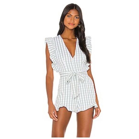 Lovers + Friends Jill Romper Gingham Check Sage Green White Mini Small Playsuit - Picture 1 of 16
